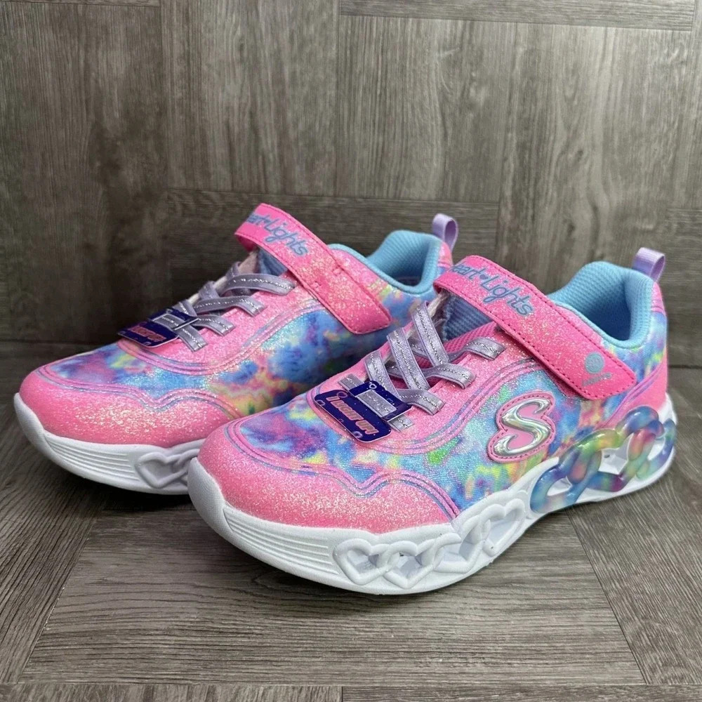 Skechers Sneakers Kids 3 Pink Tie Dye Glitter Light Up Heart Lights NEW 303753L